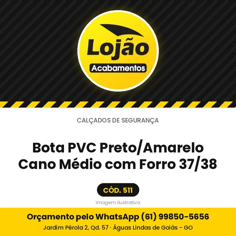 Bota PVC Preto/Amarelo Cano Médio com Forro 37/38