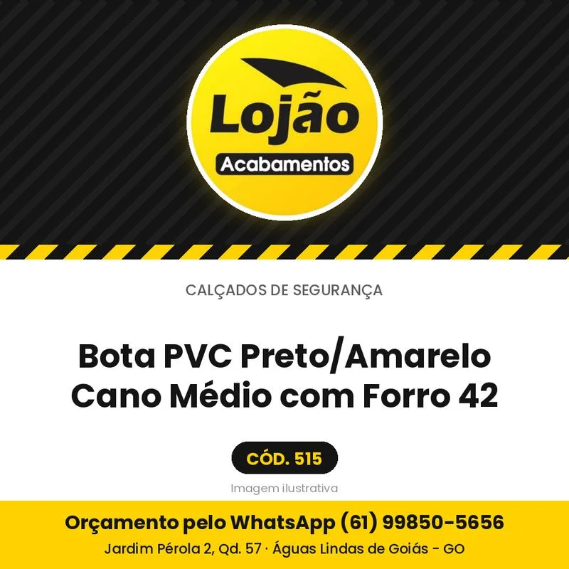 Bota PVC Preto/Amarelo Cano Médio com Forro 42