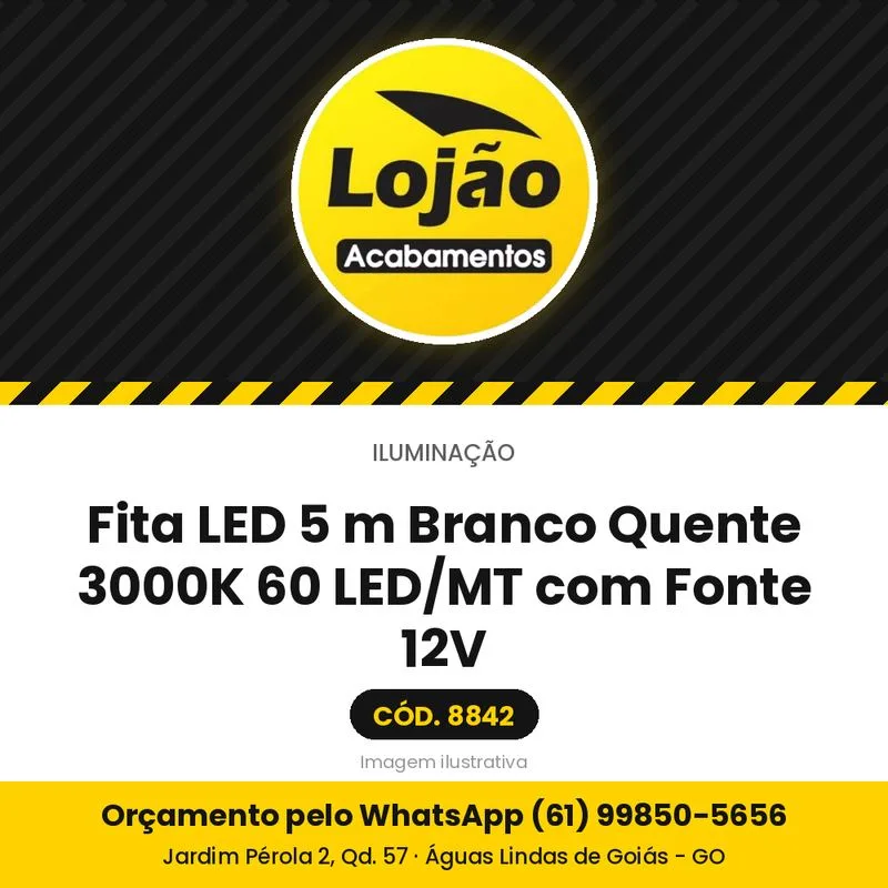 Fita LED 5 m Branco Quente 3000K 60 LED/MT com Fonte 12V